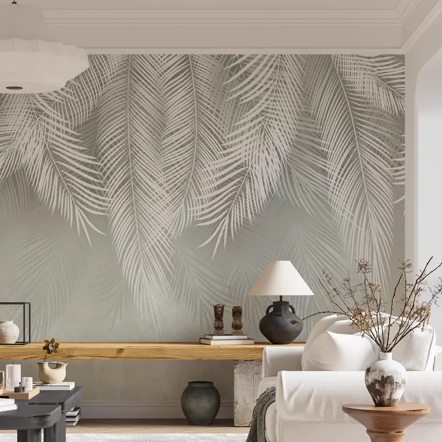 Papier peint photo Palmes blanches et branches sur fond vert u74489