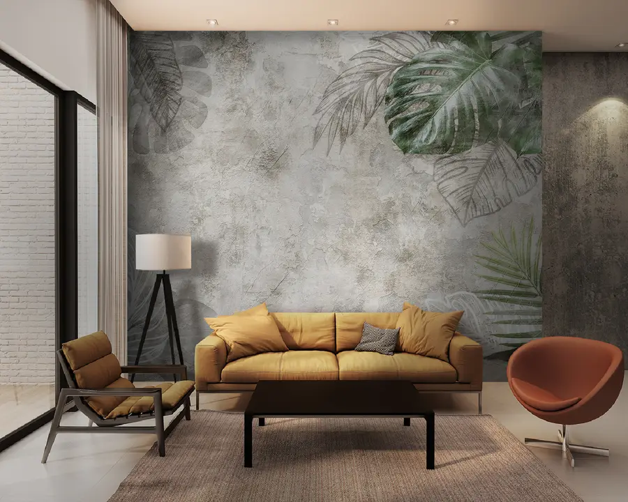 Papier peint photo Feuilles tropicales sur un vieux mur u93964