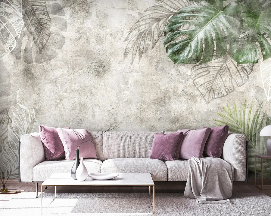 Papier peint photo Feuilles tropicales sur un vieux mur u93964