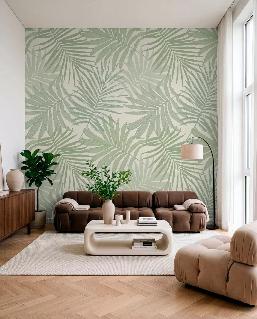 Papier peint photo Feuillage tropical dans des tons pastel vert olive u74826