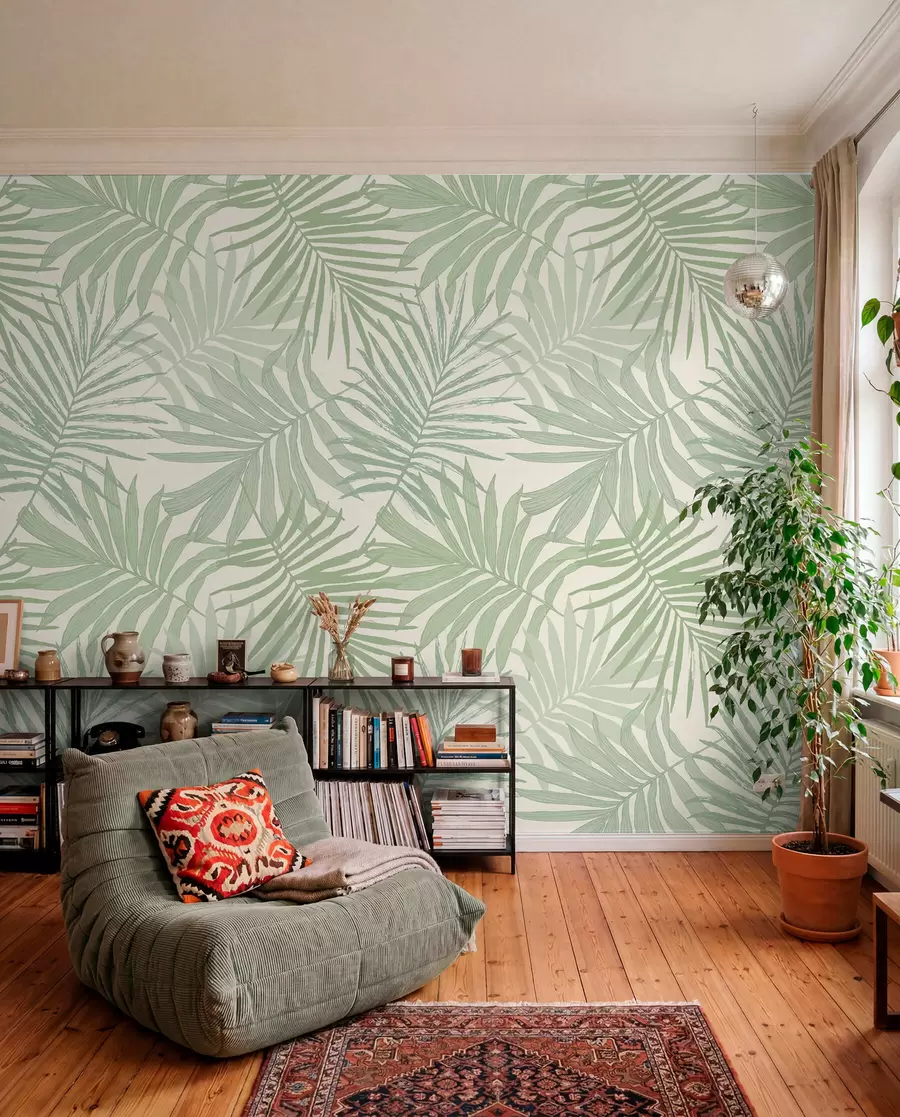 Fotobehang Tropisch gebladerte in pastel olijfgroene tonen u74826