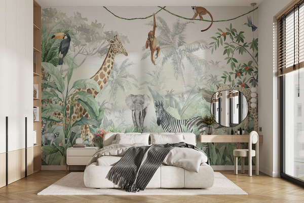 Papier peint photo Panorama de la jungle avec des animaux, Papier peint pour enfants, u74709 : Uwalls.be