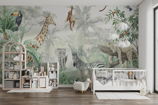 Fotobehang Panorama van jungle met dieren, Fotobehang kinderen, u74709 : Uwalls.be