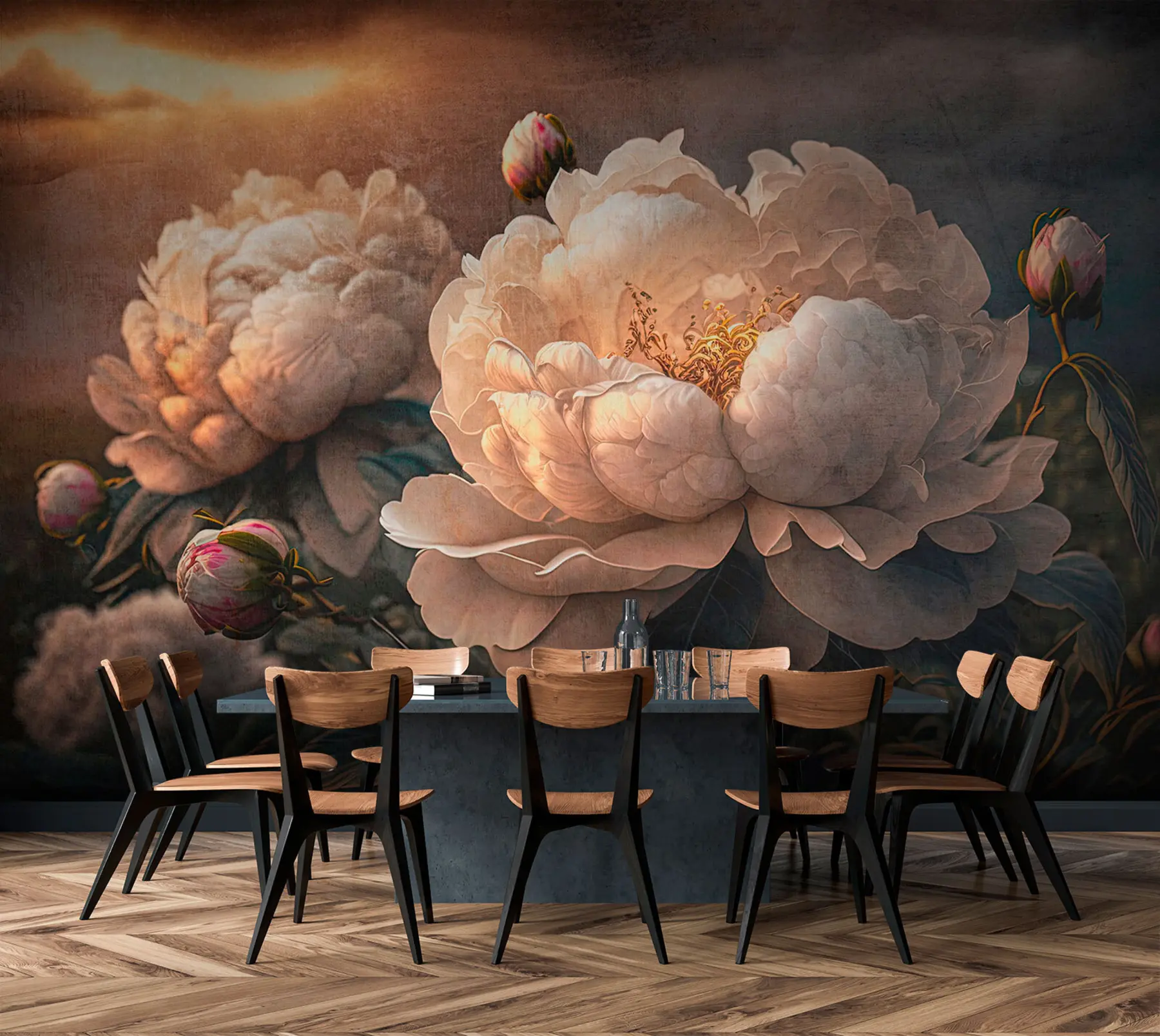 Fotobehang Prachtige witte pioenrozen onder de stralen van de zonsondergang u74774