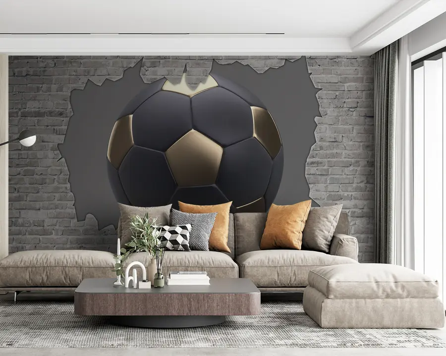 Fotobehang Voetbalbal tegen de achtergrond van een bakstenen muur u94058