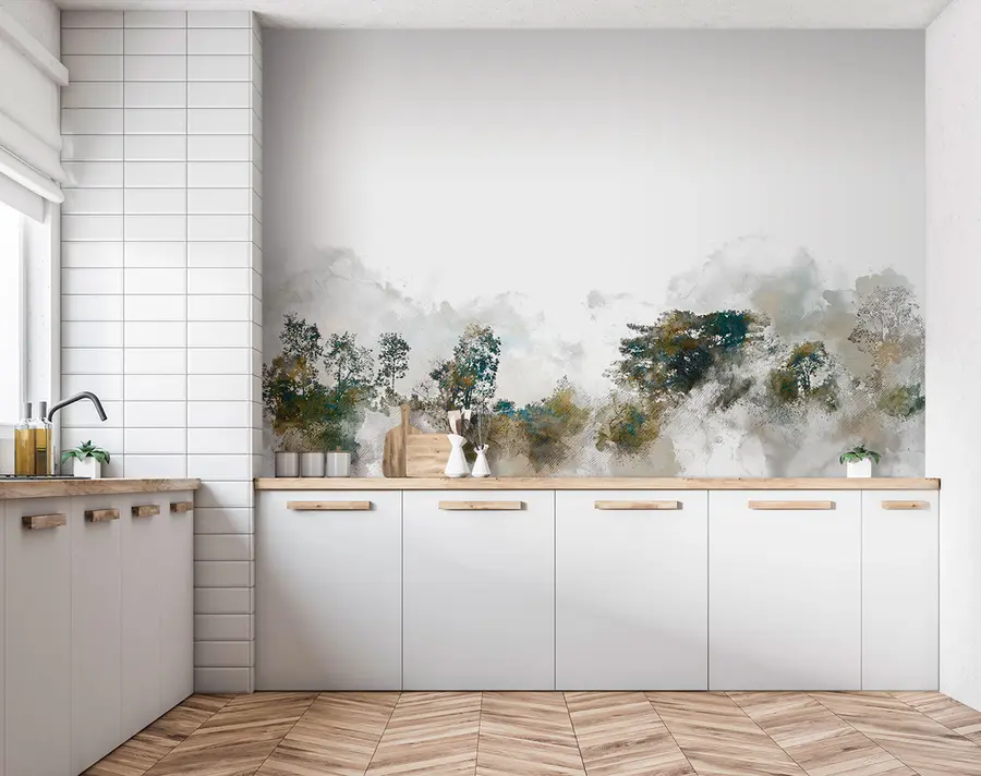 Papier peint photo Paysage à l'aquarelle avec arbre peint à l'aquarelle u75377