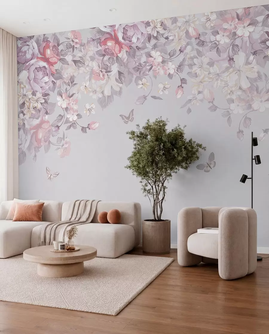 Fotobehang Een tickettuin met bloemen en vlinders u94295