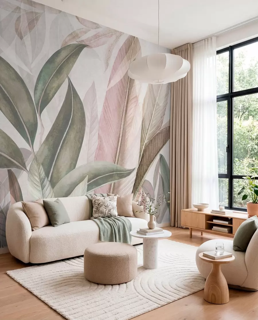 Fotobehang Groene en roze palmbladeren u94302