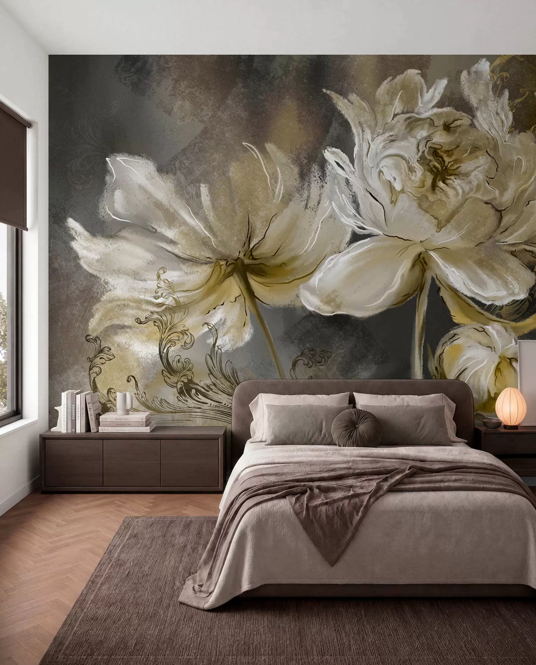 Fotobehang Vintage bloemen in olijfgroen u78738