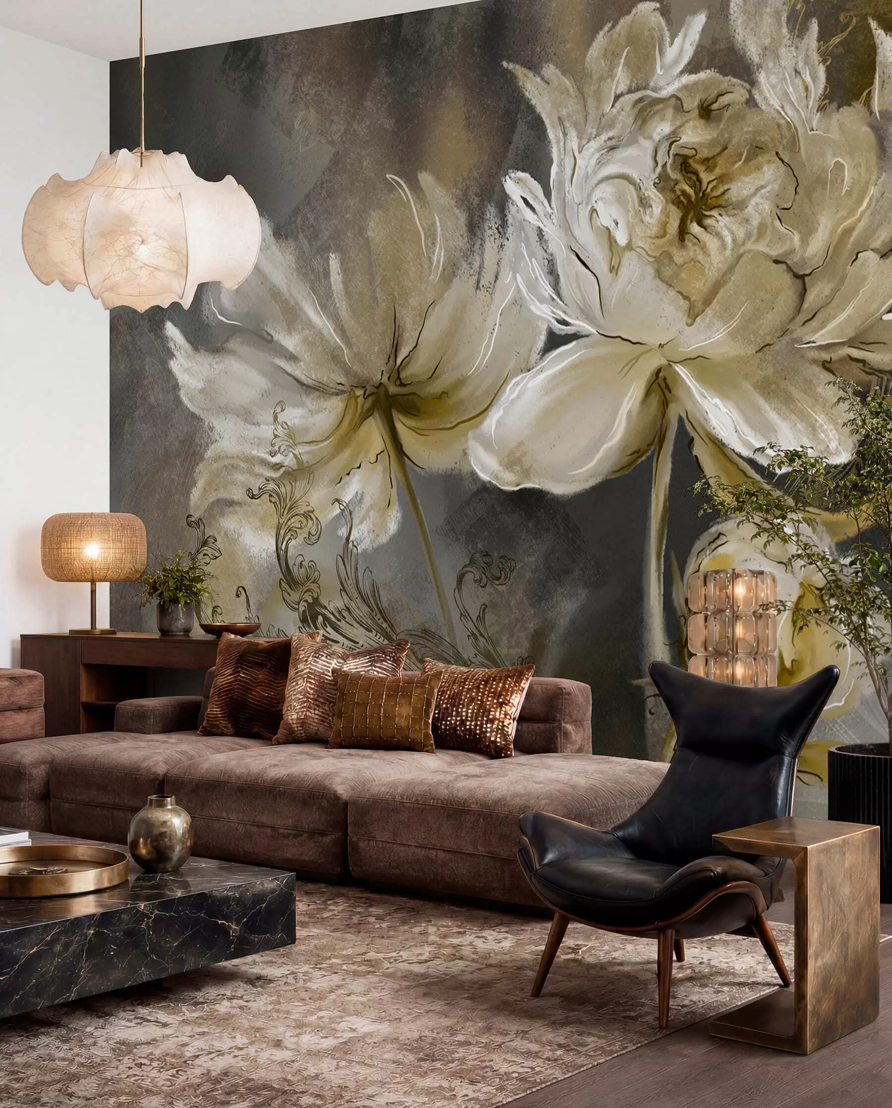 Fotobehang Vintage bloemen in olijfgroen u78738