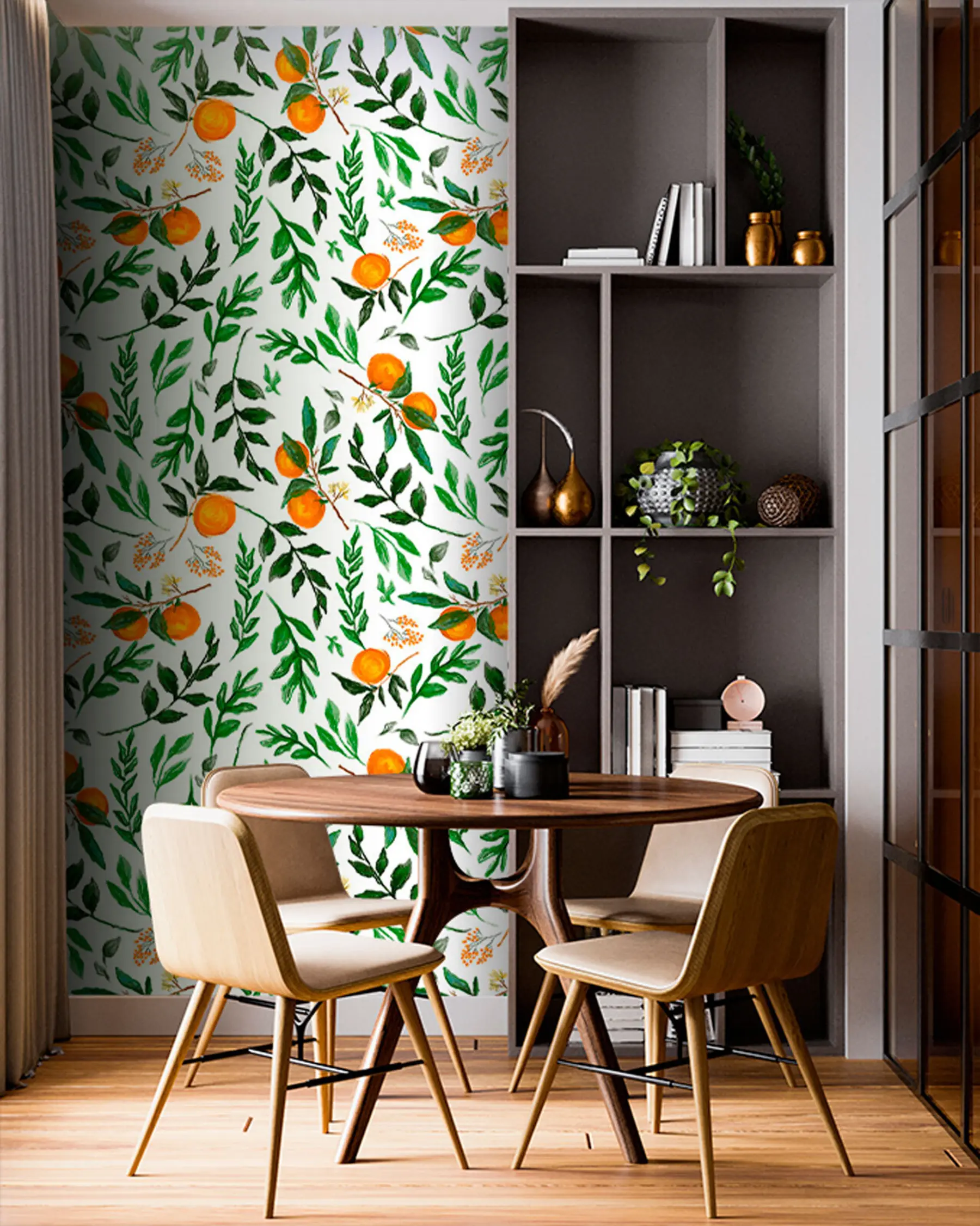 Fotobehang Oranje patroon, behangontwerp met bladeren en vruchten u94333