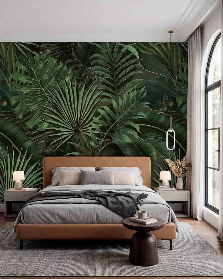 Papier peint photo Motif tropical avec palmier vert tropical, feuilles de bananier u94341