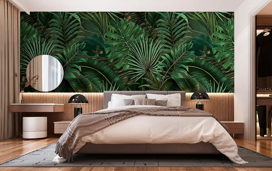 Papier peint photo Motif tropical avec palmier vert tropical, feuilles de bananier u94341