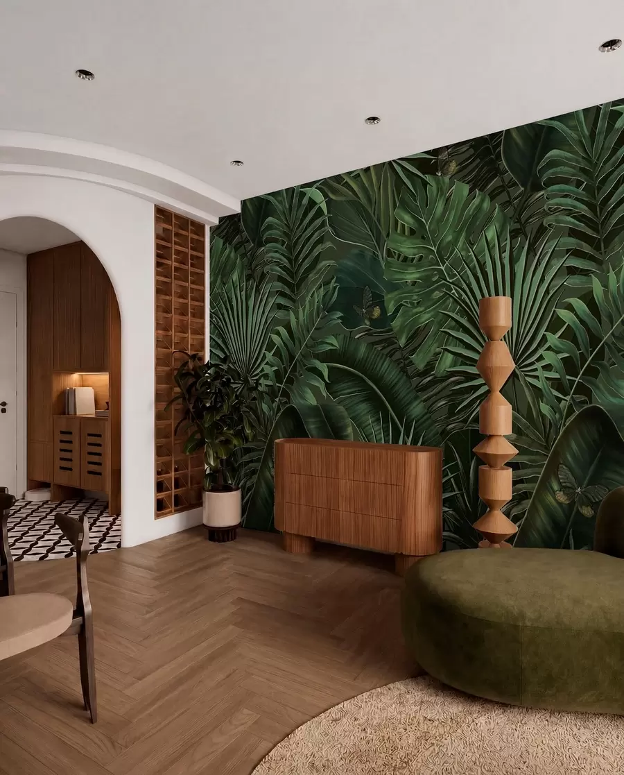 Fotobehang Tropisch patroon met tropische groene palm, bananenbladeren u94341