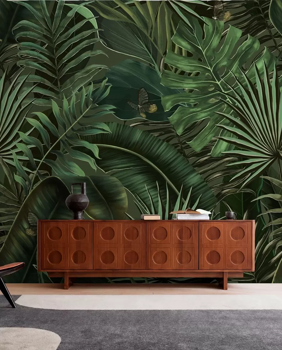 Fotobehang Tropisch patroon met tropische groene palm, bananenbladeren u94341
