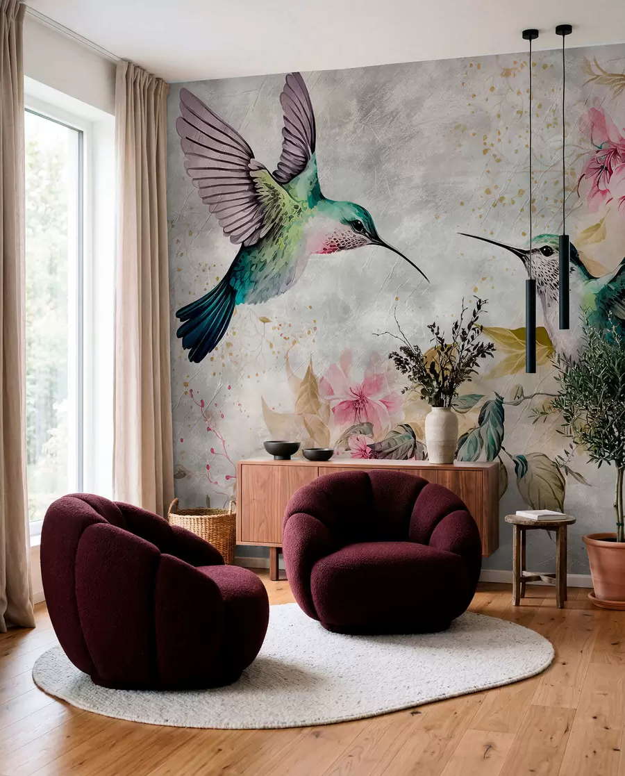 Fotobehang Aquarel kolibries op een tak u93994