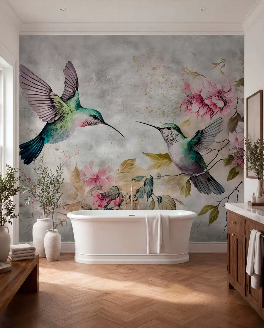 Fotobehang Aquarel kolibries op een tak u93994