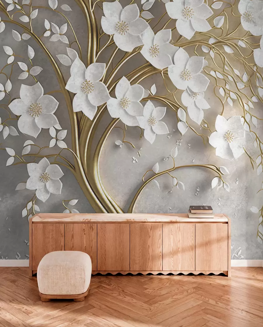 Fotobehang boom met witte bloemen u94015