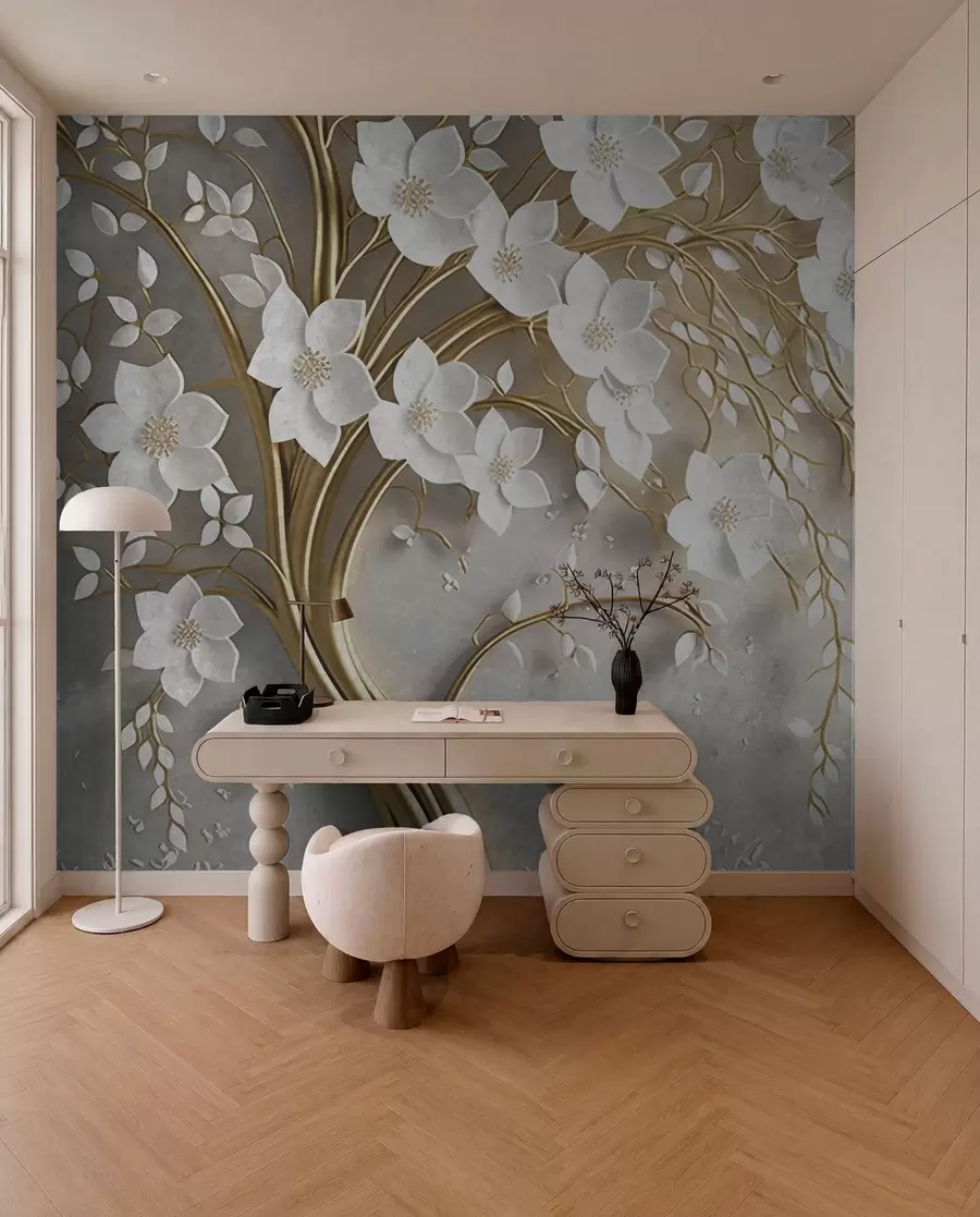 Fotobehang boom met witte bloemen u94015