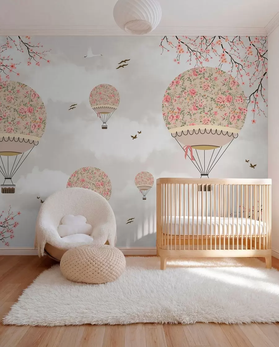 Fotobehang Ballonnen in bloemen en sakura takken u94445