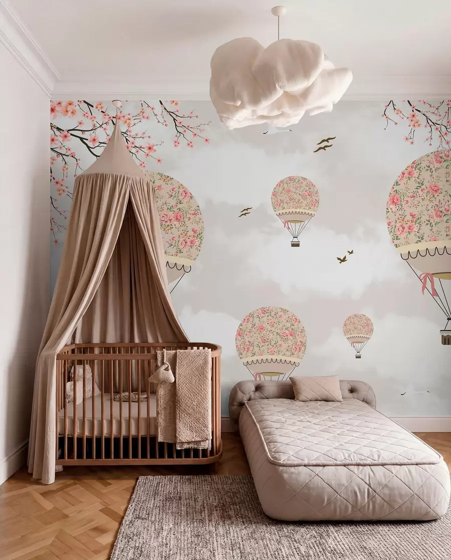 Fotobehang Ballonnen in bloemen en sakura takken u94445