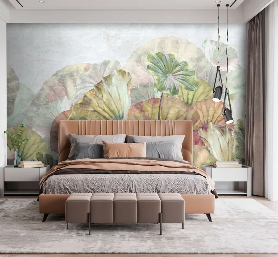 Fotobehang Groene waterlelies en roze lelies met grungetextuur u94272