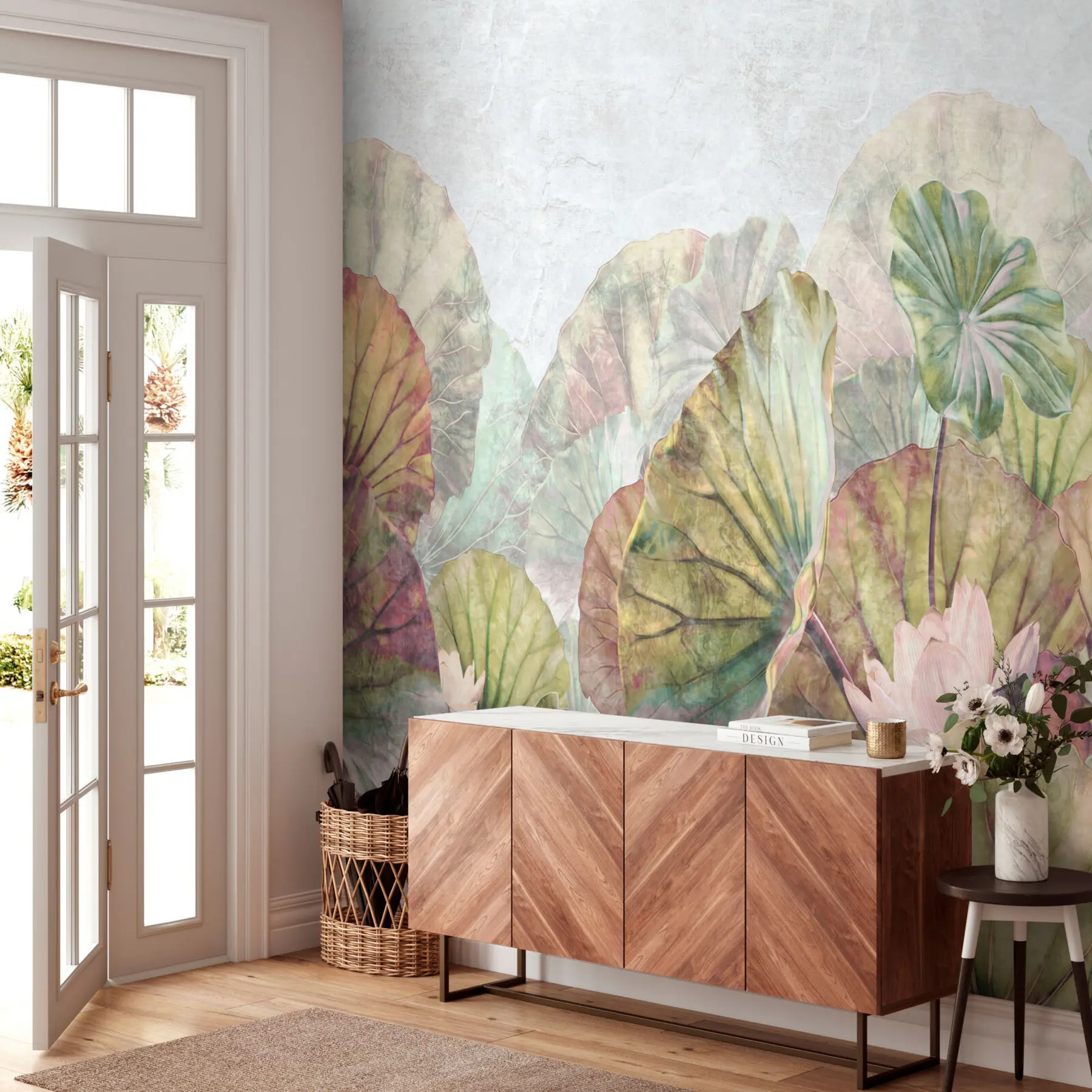 Fotobehang Groene waterlelies en roze lelies met grungetextuur u94272