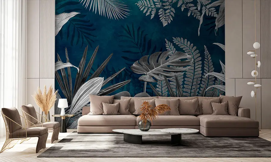 Fotobehang Tropische bladeren op blauwe achtergrond in grungestijl u94419