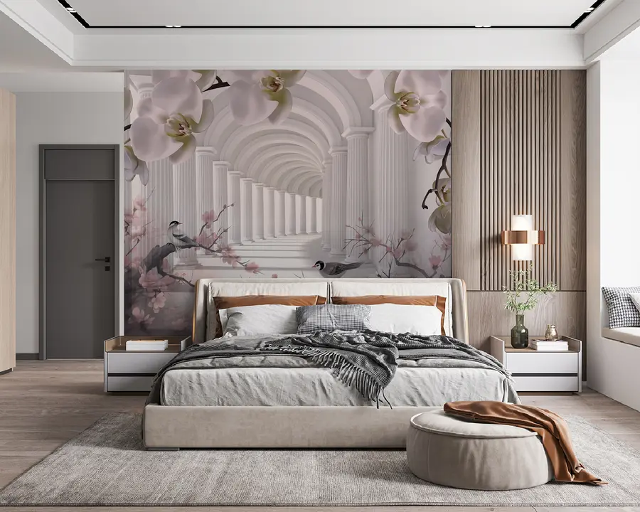 Fotobehang Mooie tunnel met vogels en orchideeën u94513