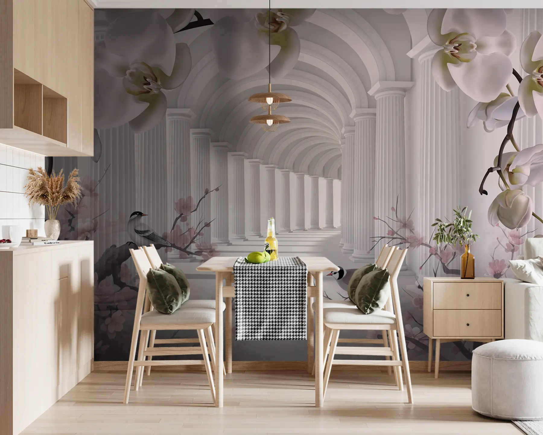 Fotobehang Mooie tunnel met vogels en orchideeën u94513