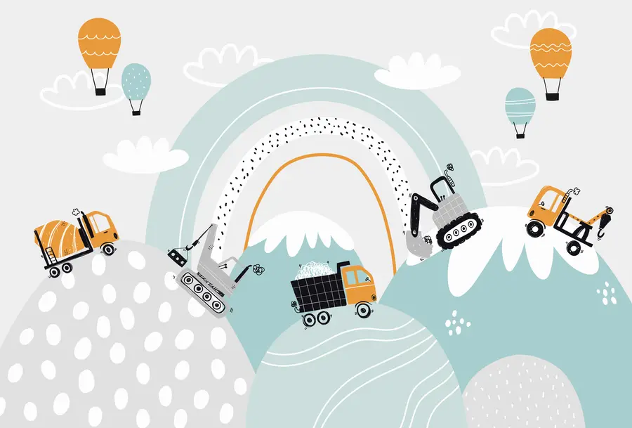 Fotobehang Bouwvoertuigen, berglandschap, ballonnen en wolken in scandinavische stijl u95046