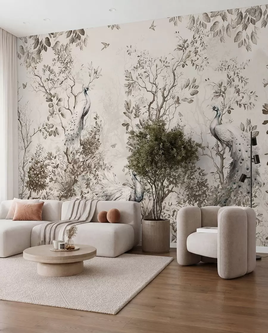 Fotobehang Een tuin met fragiele vogels, pauwen u94850