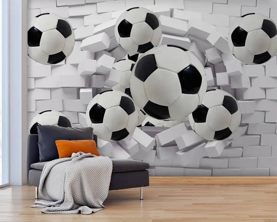 Fotobehang Voetballen op de achtergrond van een bakstenen muur u94958