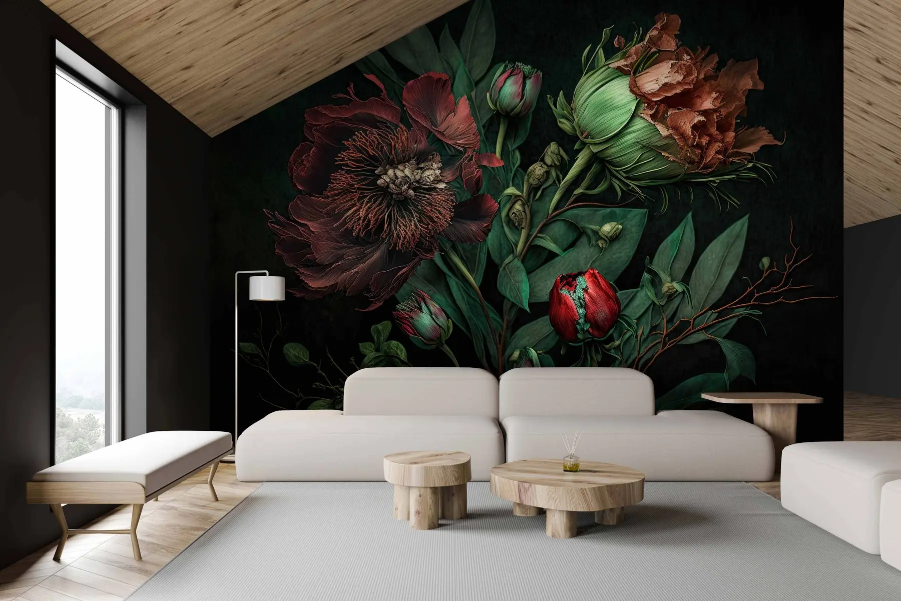 Fotobehang Bordeauxbloemen in de schemer u75408