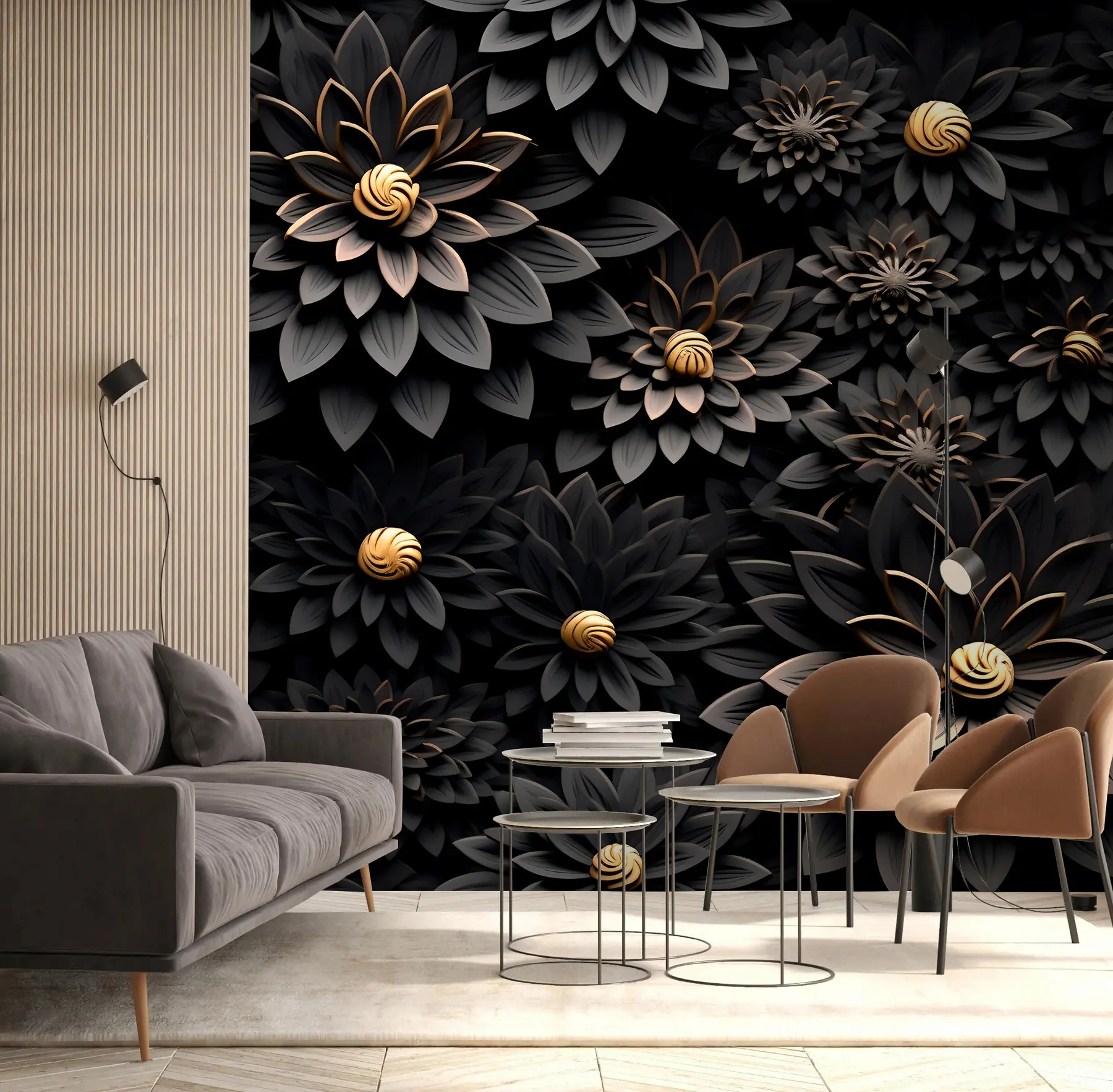 Fotobehang Zwarte bloemen met 3D-effect u95249