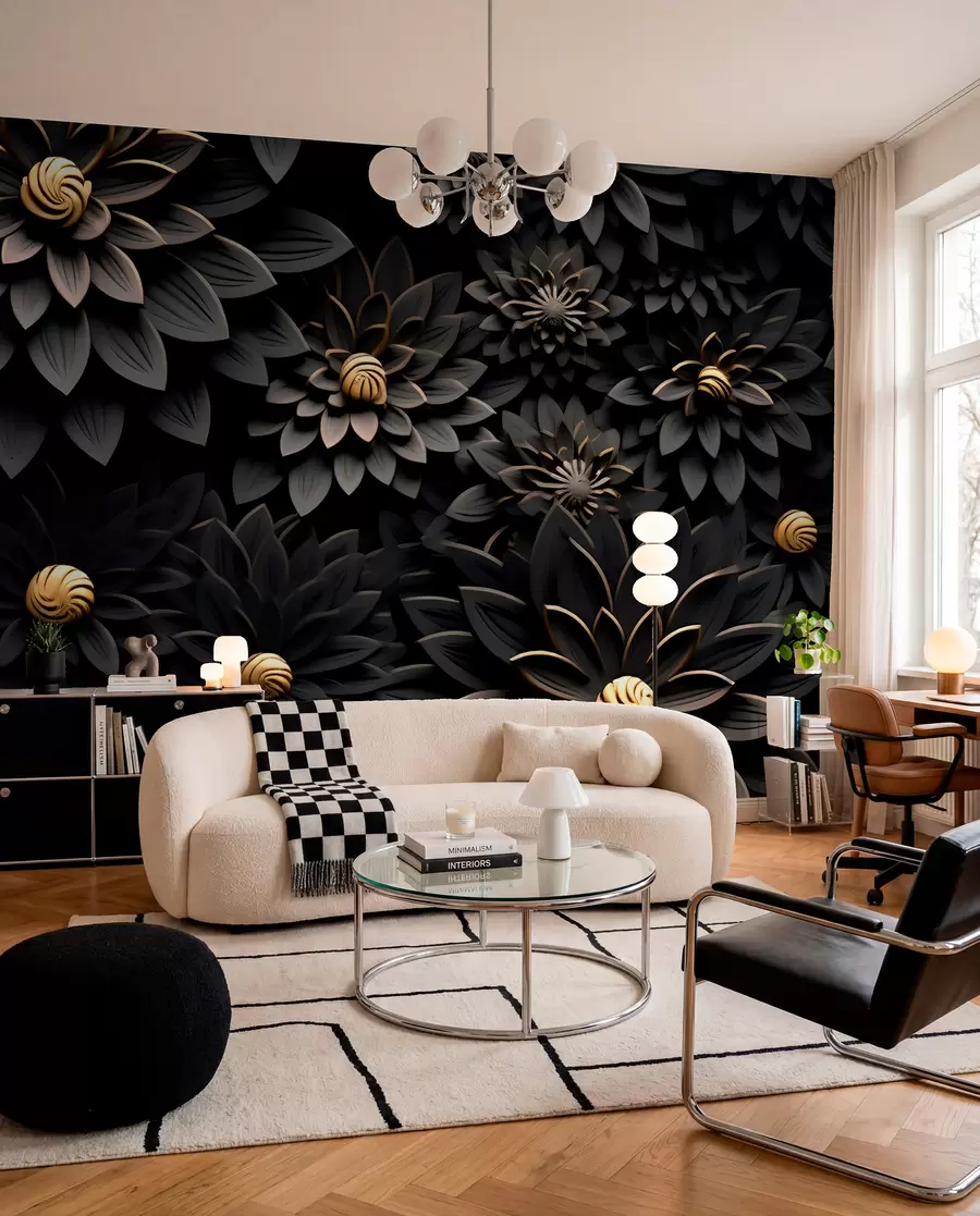Fotobehang Zwarte bloemen met 3D-effect u95249