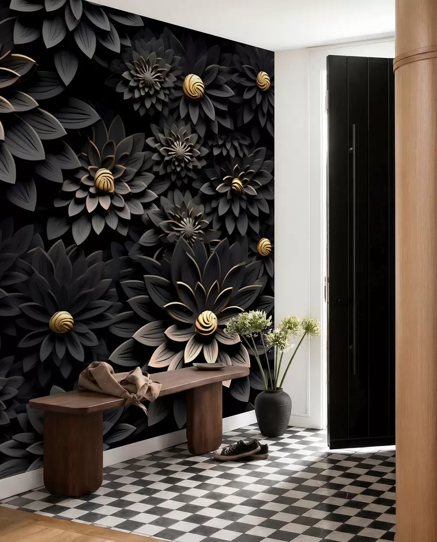 Fotobehang Zwarte bloemen met 3D-effect u95249