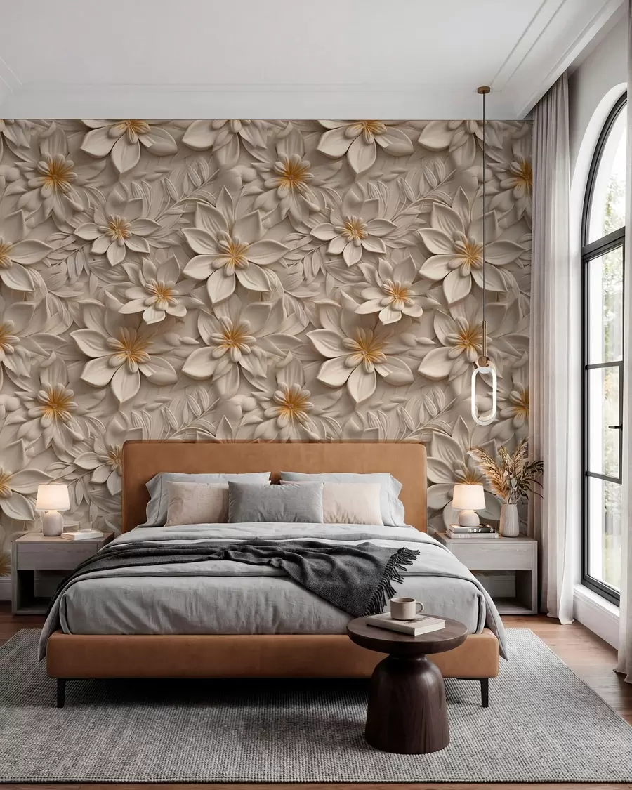 Fotobehang Verstrooiing van witte bloemen met een 3D-effect u95251