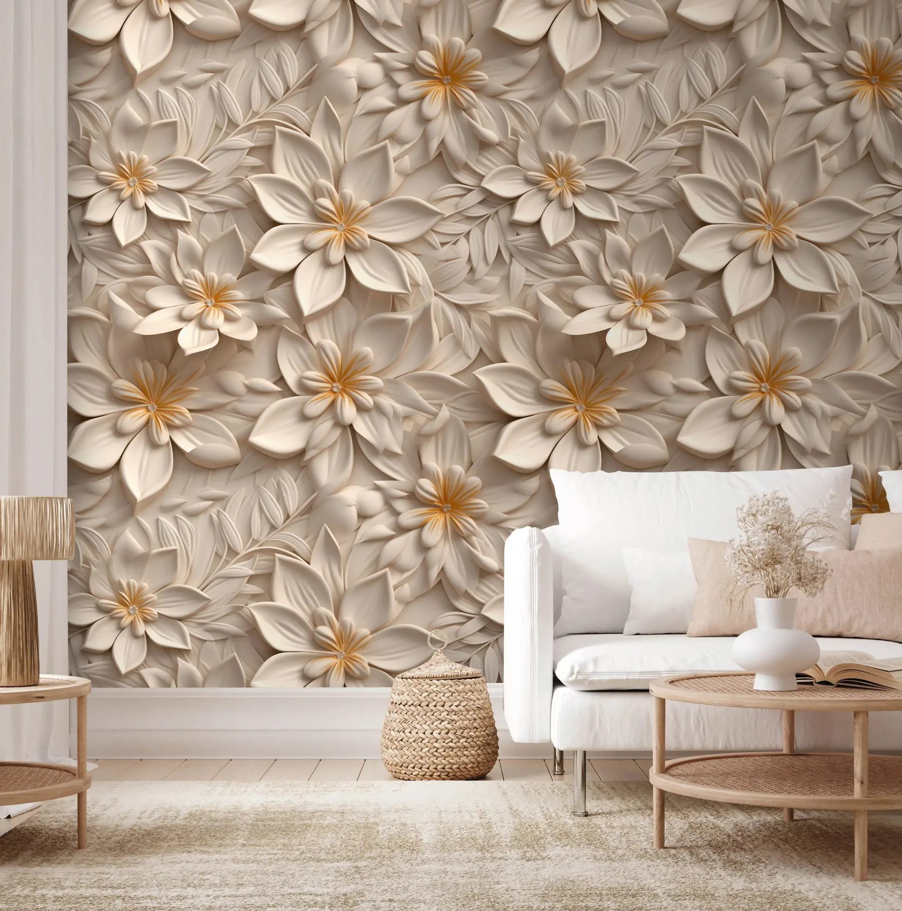 Fotobehang Verstrooiing van witte bloemen met een 3D-effect u95251