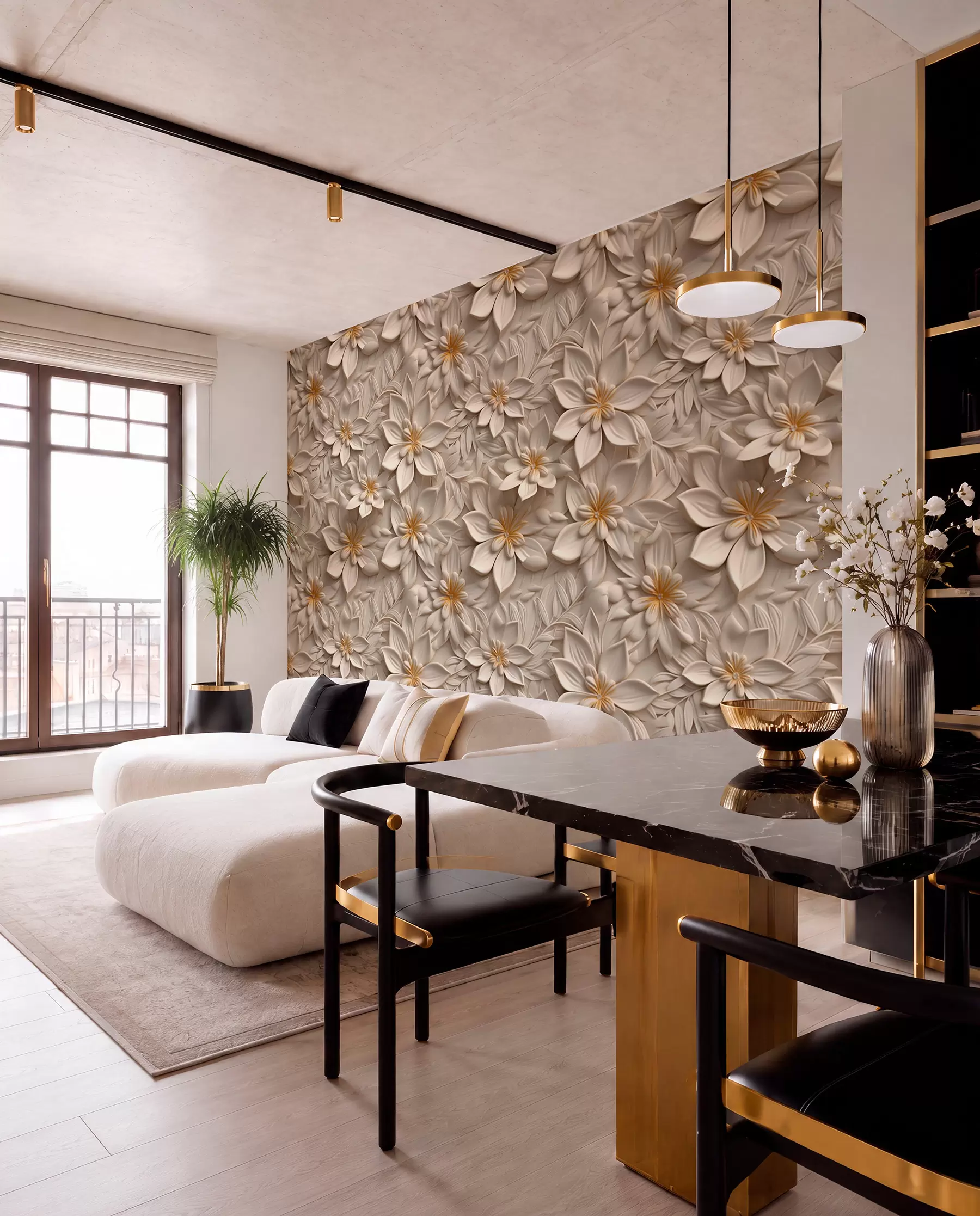 Fotobehang Verstrooiing van witte bloemen met een 3D-effect u95251