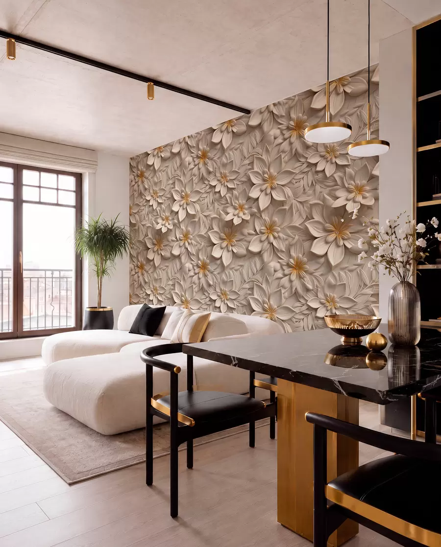 Fotobehang Verstrooiing van witte bloemen met een 3D-effect u95251
