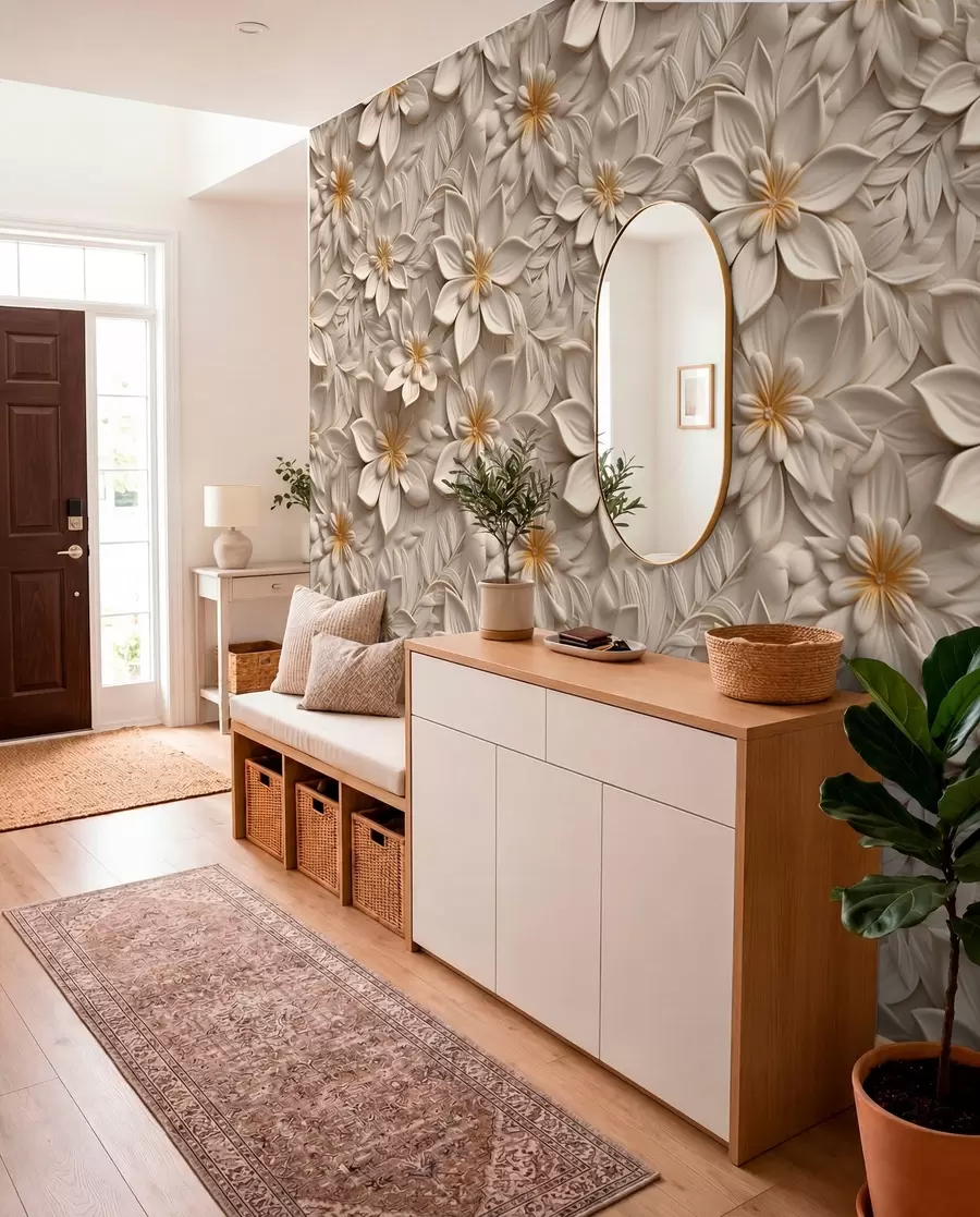 Fotobehang Verstrooiing van witte bloemen met een 3D-effect u95251