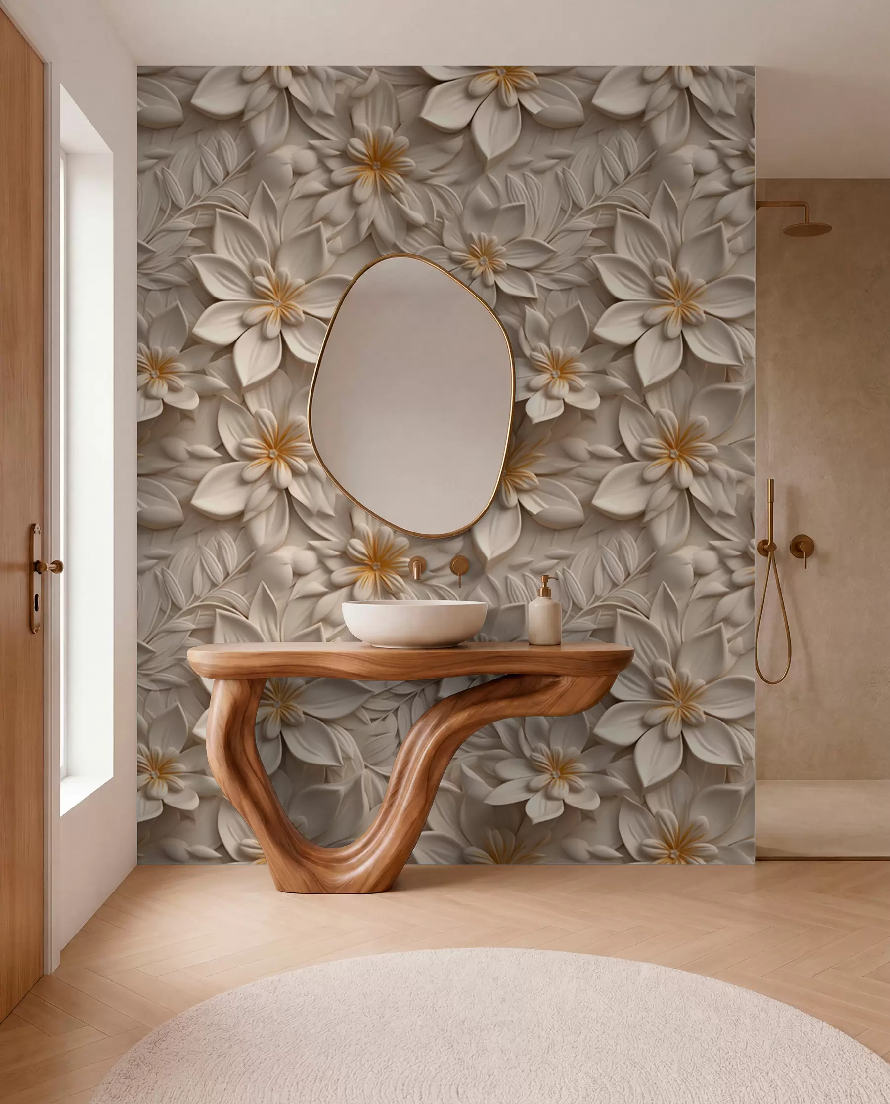 Fotobehang Verstrooiing van witte bloemen met een 3D-effect u95251