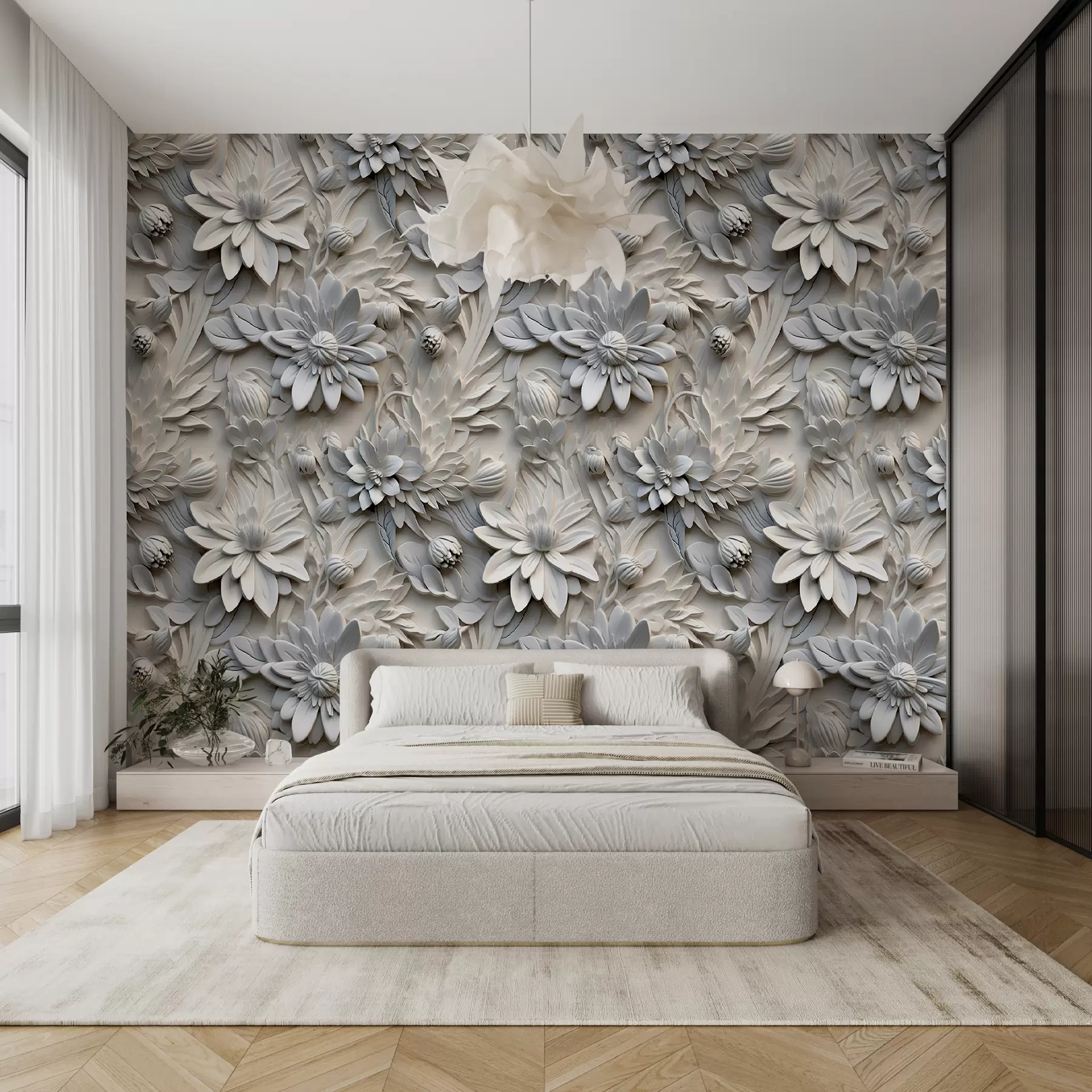 Fotobehang Volumetrische 3D bloemen in lichte kleuren u95589