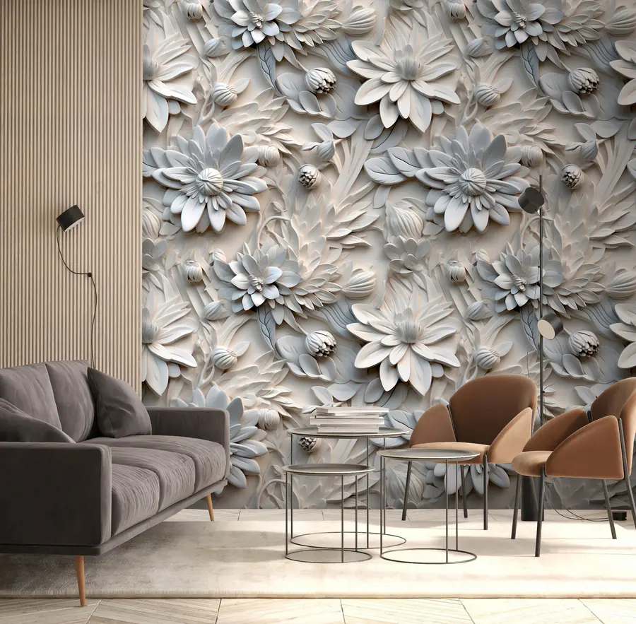 Fotobehang Volumetrische 3D bloemen in lichte kleuren u95589