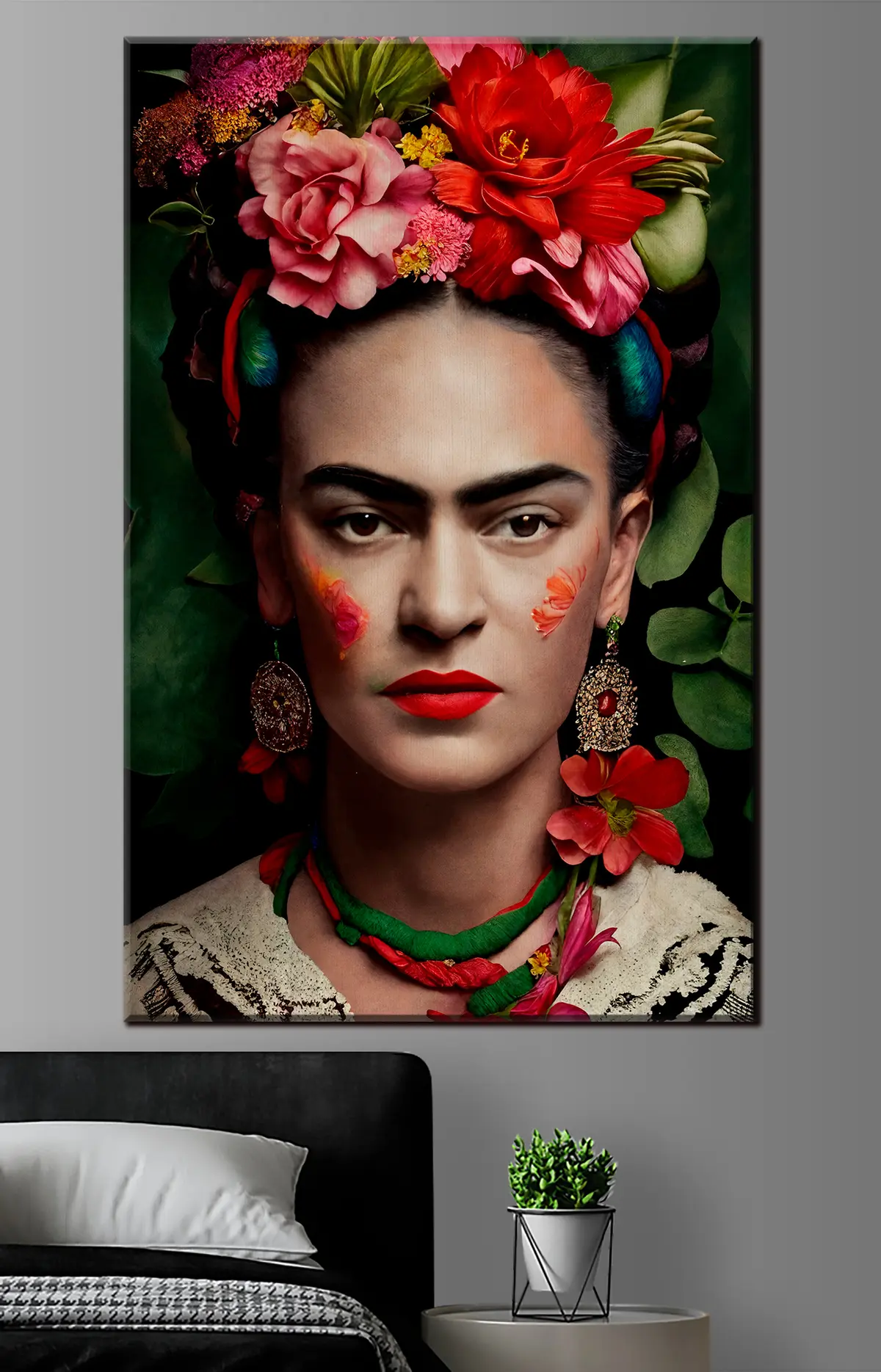  Schilderijen Frida Kahlo met bloemen op groene achtergrond s32861