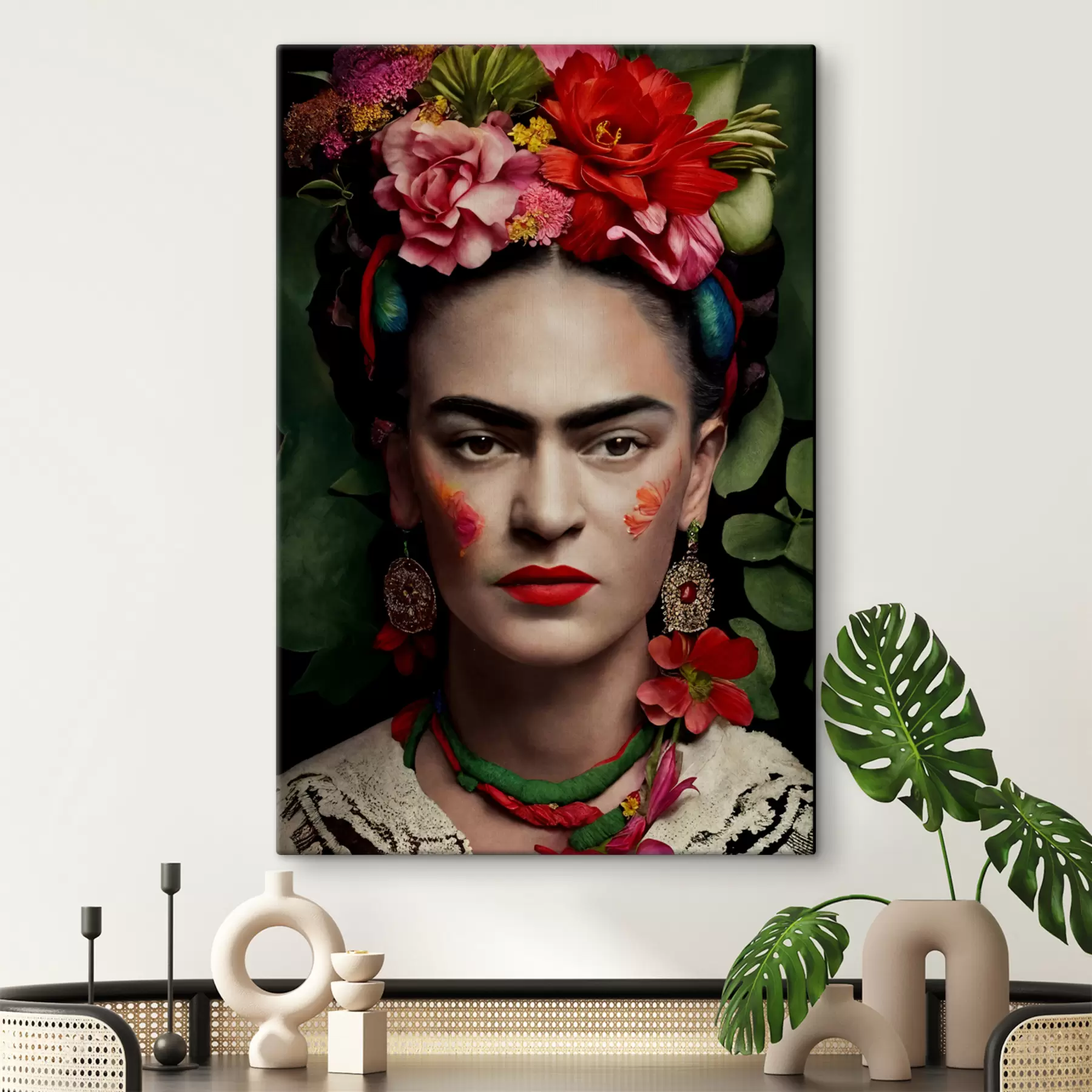 Fotobehang Frida Kahlo met bloemen op groene achtergrond s32861