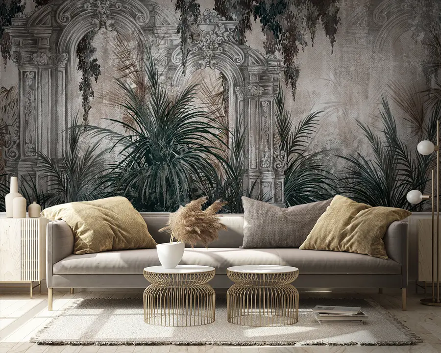 Fotobehang Oude architectuur met tropische bladeren u95500