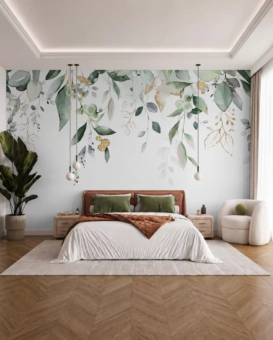 Papier peint photo Feuilles d'eucalyptus suspendues sur fond blanc u95506