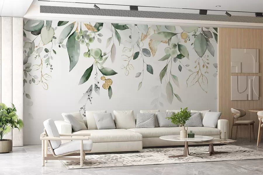 Fotobehang Hangende eucalyptusbladeren op een witte achtergrond u95506